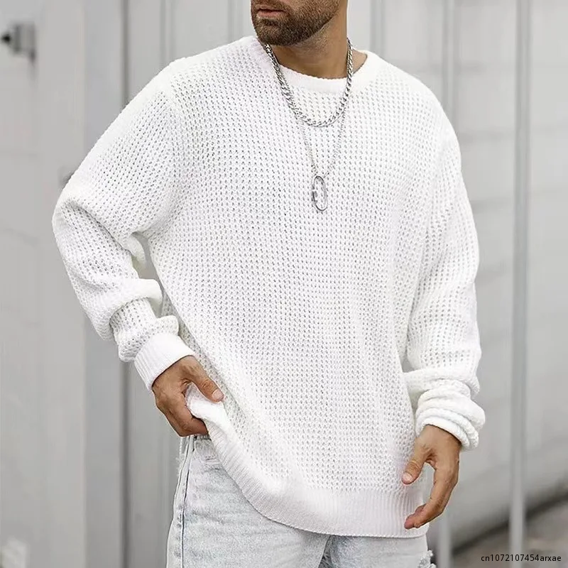 Camisola de malha dos homens Pullovers Top Outono Inverno Moda Pulôver Solto Cor Sólida dos homens Casual Manga Longa Em Torno Do Pescoço Camisola