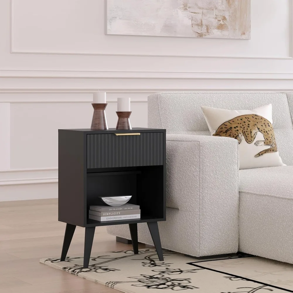 Mesita de noche estriada con cajón y estante abierto, mesita de noche moderna con patas de madera maciza para dormitorio y sala de estar