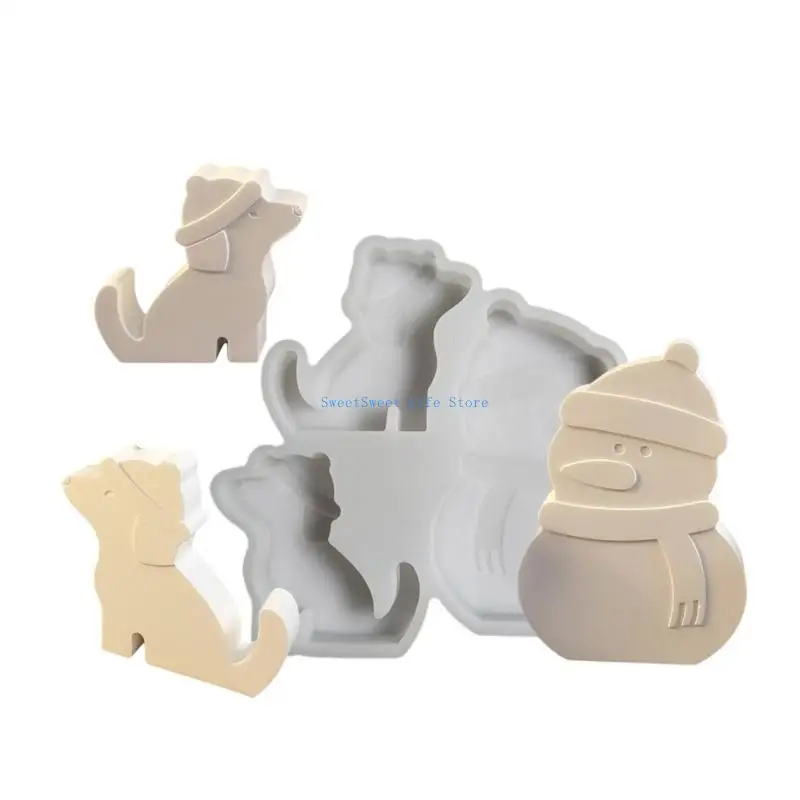 

D5QB Christmas Theme Crafting Moulds Desk Ornament Molds Silicone Texture Dog and Snowman for Home Decorating Ornaments