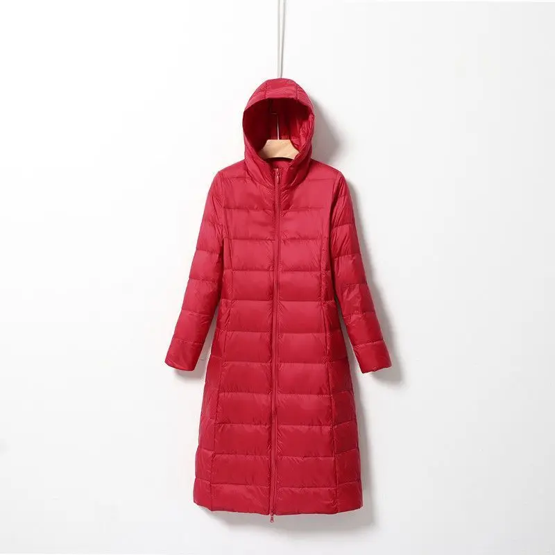 Women's Lightweight Down Jacket Long White Duck Down Coat Hooded Slim Fit Thin Winter Outerwear Puffer Jacket Women JK-071