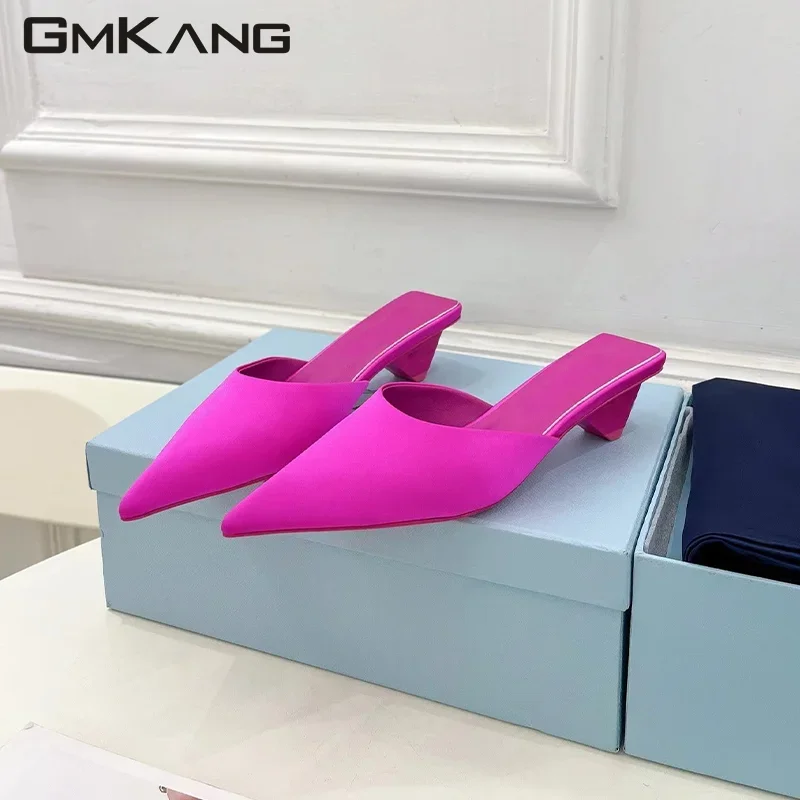 Sexy High Heels Slippers Women Pointed Toe Rhinestone Bling Wedding Shoes Woman Satin Slides Stiletto Runway Slippers Woman