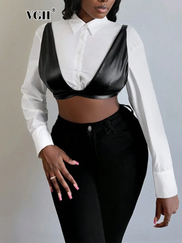 

VGH Streetwear Patchwork Leather Blouses For Women Lapel Long Sleeve Spliced Buttons Slimming Sexy Short Shirts Female Fashion