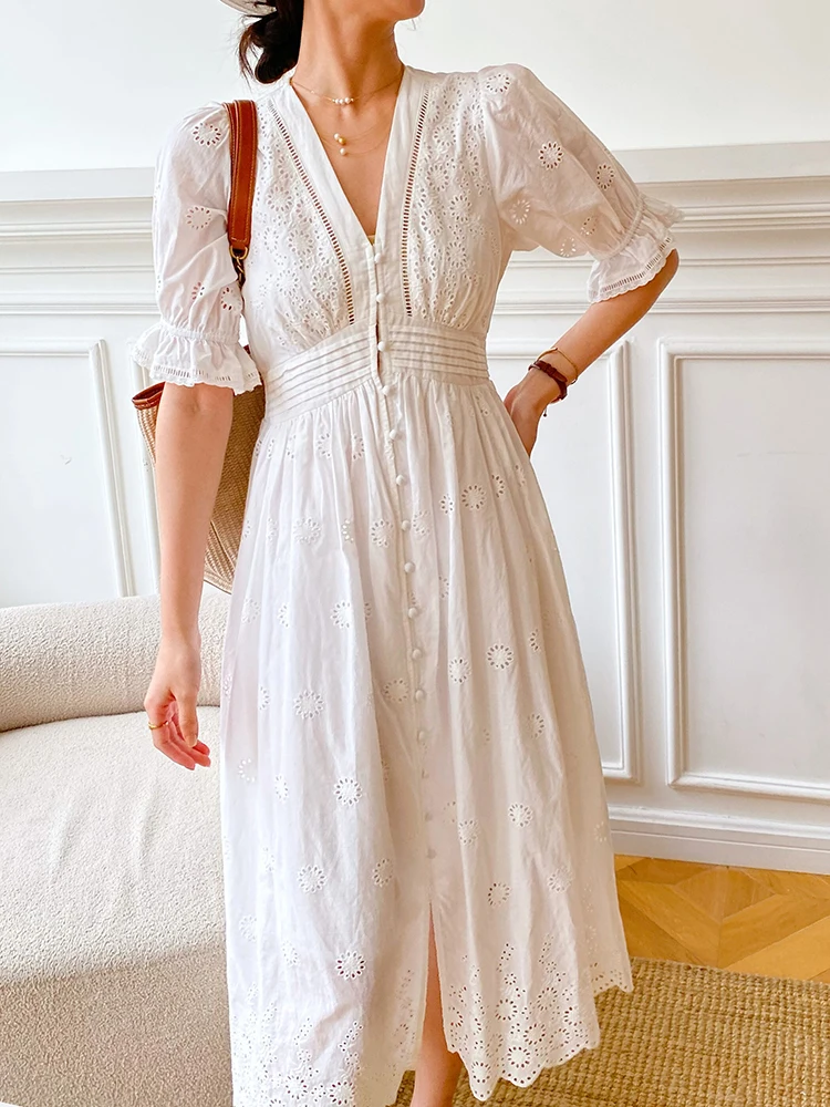 

GypsyLady Elegant Chic Lace Midi Dress V-neck Cotton White Hollow Out Summer Holiday Women Boho Sexy Vintage Ladies Dresses New