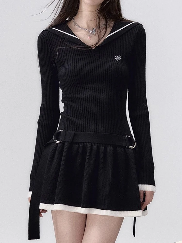 

Vintage Knitted Dress Women Autumn Long Sleeve Sailor Collar Sweater Dress Female Korean Fashion Preppy Style Slim Mini Dresses