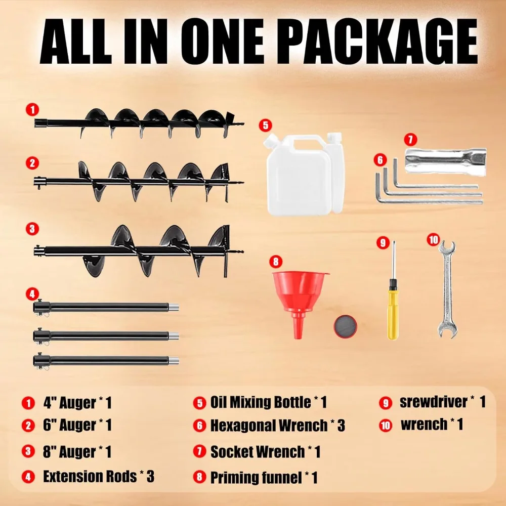 حفار ثقب آخر يعمل بالغاز ثنائي الأشواط - مثقاب أرضي بقدرة 1800 وات مع 4، 6، 8 لقم ثقب و3X 10 قضبان تمديد - فتحة شديدة التحمل