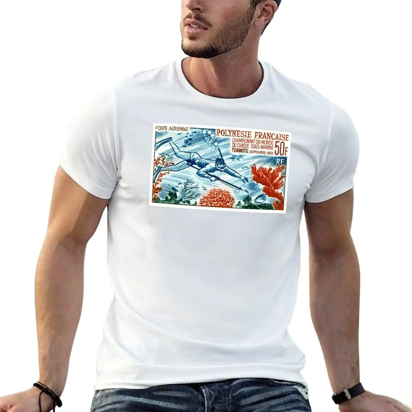 1965 French Polynesia Spearfishing Postage Stamp T-Shirt Gym Wear Breathable Short Sleeve Tee