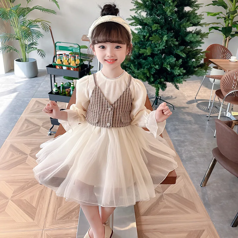 

Girls Dress Two-piece Set 2023 Spring New Dress + Vest Set