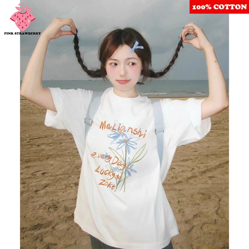 

American style White T-shirt Women Summer 2025 New 100%Cotton Letter Print Short sleeve Casual Loose Tee Y2k Top Female Clothing