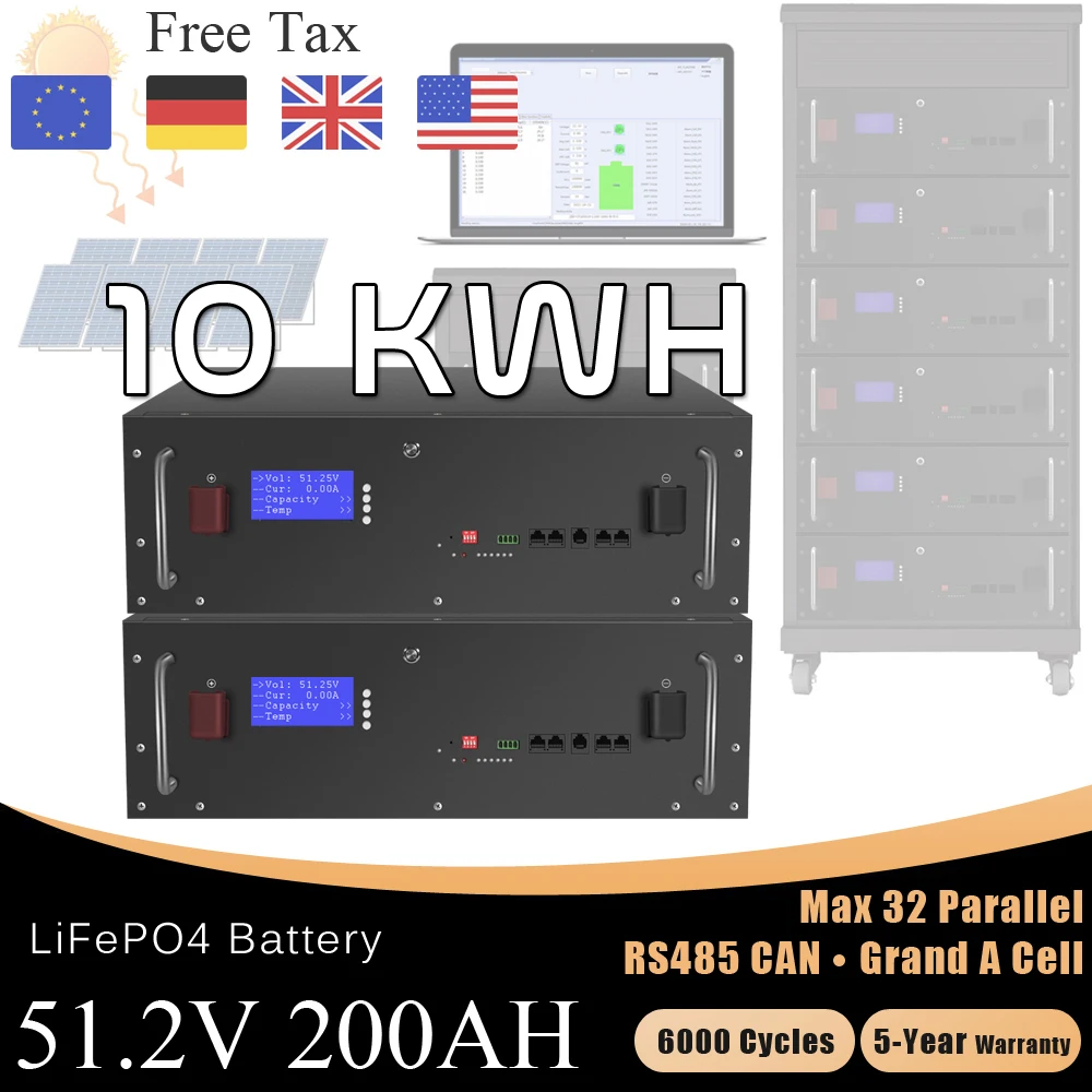 

48V 200AH LiFePO4 Battery Pack 10KW Lithium Solar Battery 6000 Cycles RS485 CAN 16S 100A BMS Max 32 Parallel For Inverter NO TAX