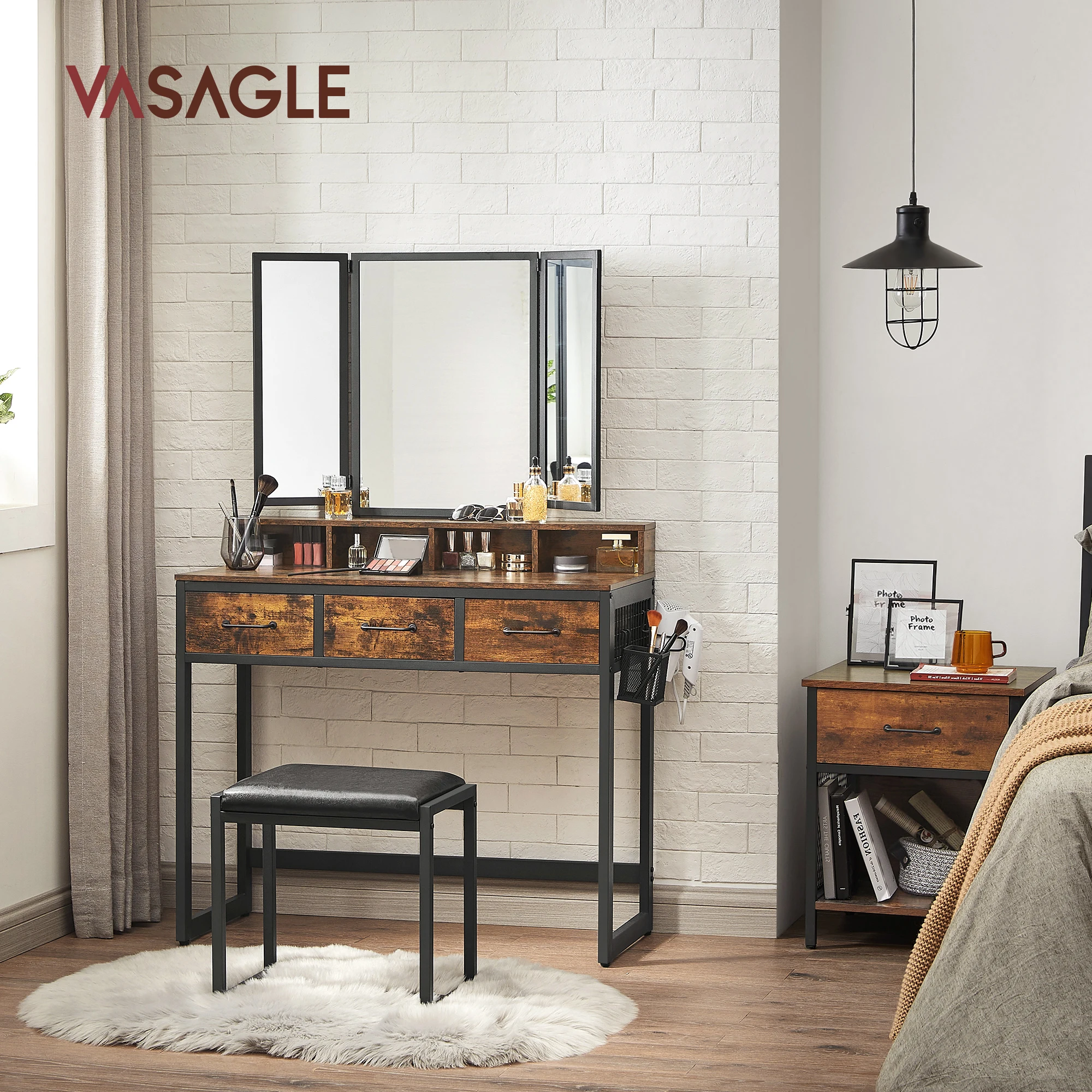 VASAGLE Dressing Table with Mirror and Stool, Vanity Table with Tri-Fold Mirror, 3 Drawers, Hair Dryer Holder, Makeup Desk