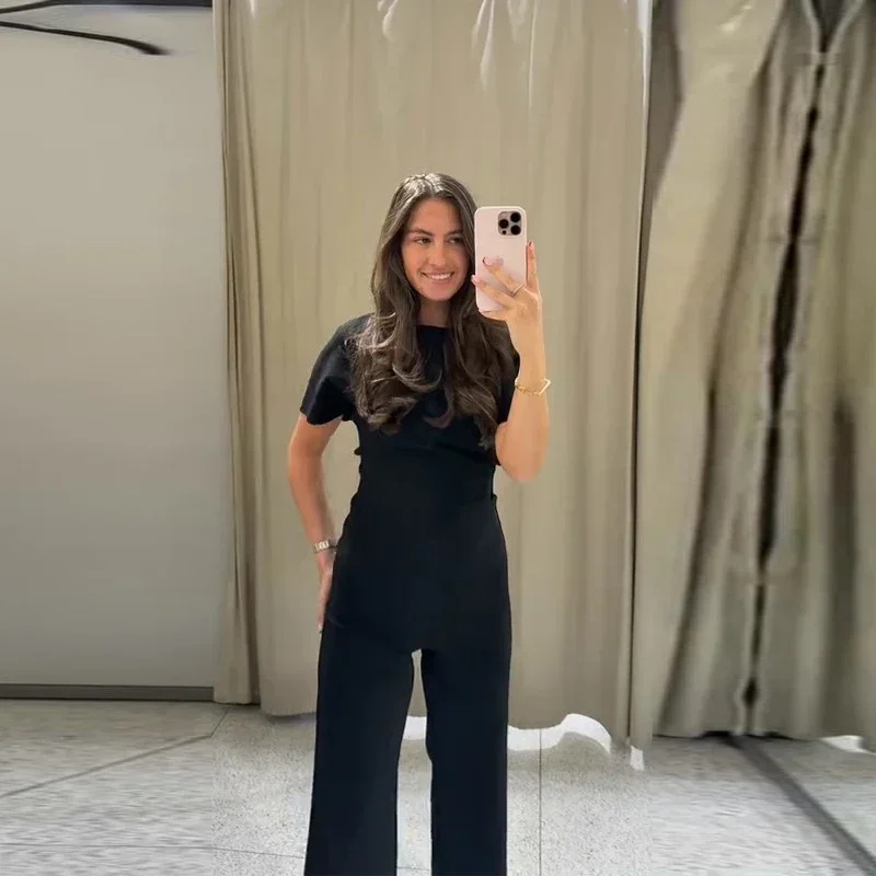 Sexy Rückenfreies Top und Hosen-Set für Damen, Einfarbiges Kurzarm-Oberteil mit Langer Schmaler Hose, Damenanzug für Sommer und Herbst 2026, Neu – Detail 13