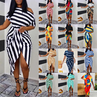 Dress Women Summer Europe United States Sexy New Printing Short Sleeve Oblique Irregular Dresses Casual Vestidos CKXM10071