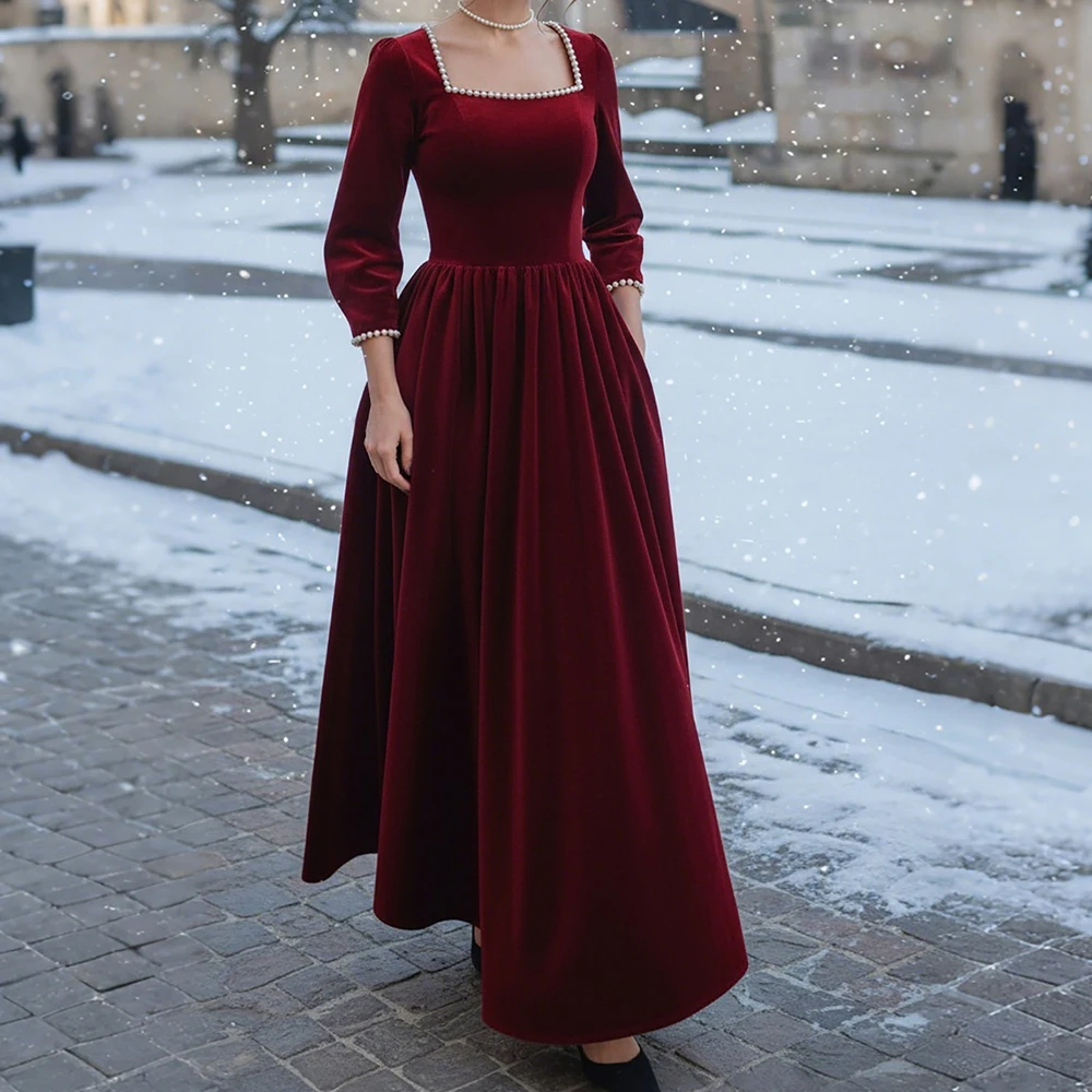 

Customized A-line Evening Dresses Ankle-length Square Collar Three Quarter Sleeve Prom Gown Fashion Beading Draped Party Gown