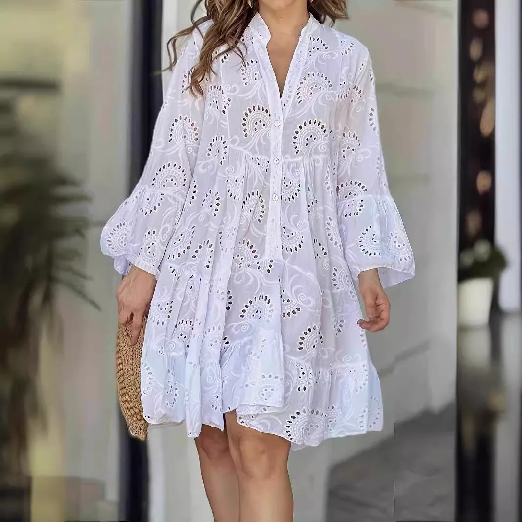 

Hollow Out Floral Dress for Women's Single Breasted V-Neck Casual Vintage Pleated A-Line Autumn Wrist Sleeve Plus Size Dresses