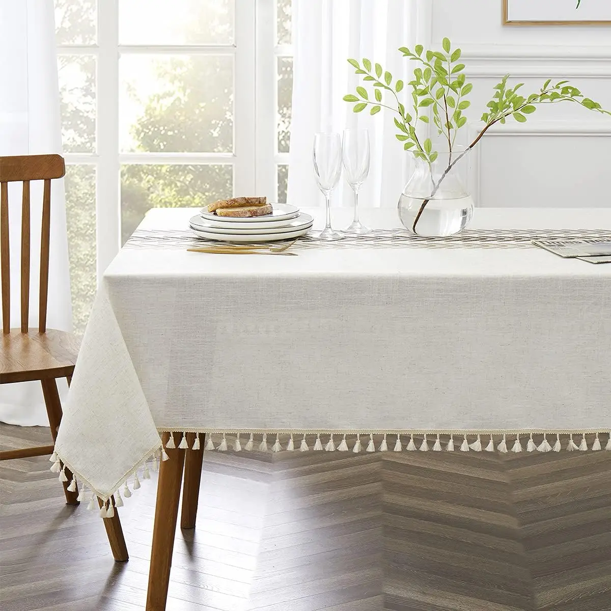 Embroidered Tablecloth for Dining Table,Dust Proof Spillproof Soil Resistant Cotton Linen Rectangle Table Cloths