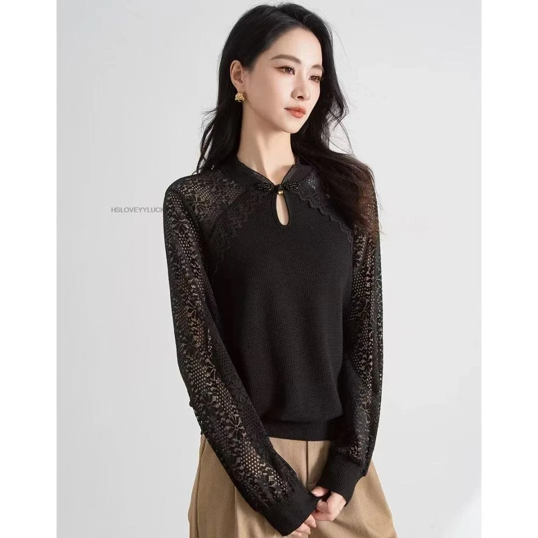Chinese Style TANGSUITS Frog Button Cutout Lace Base Shirt, Spring/Autumn New Elegant Spliced Versatile Youthful Lace Top