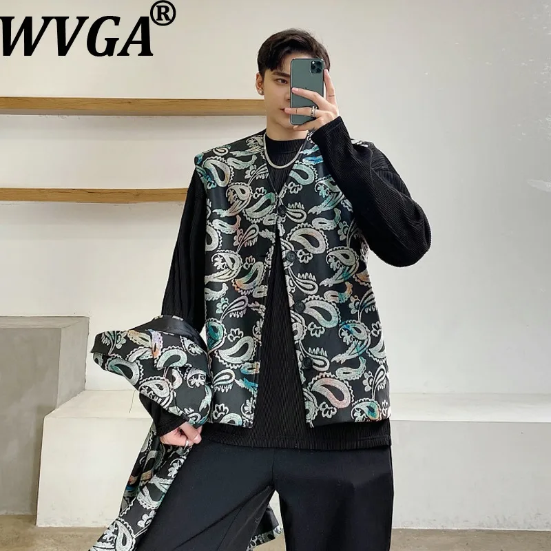 

WVGA Spring Autumn New Man Tide High Street Niche Personality Printed Design Fashion Collarless Waistcoat Chic Casual Vest W8849