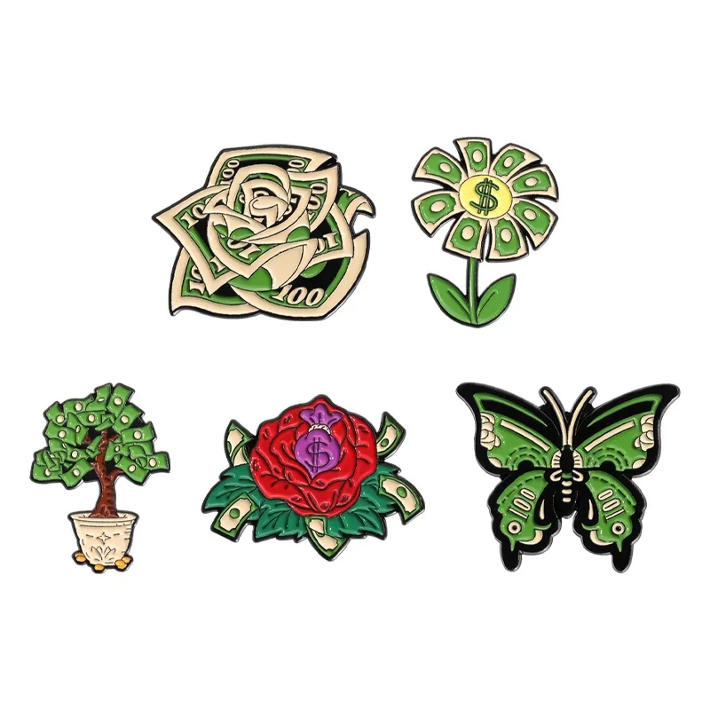 US Dollar Money Flower Brooch Enamel Pins Creative Flowers Banknote Tree Brooches Bag Shirt Lapel Badge Jewelry Gift for Friends