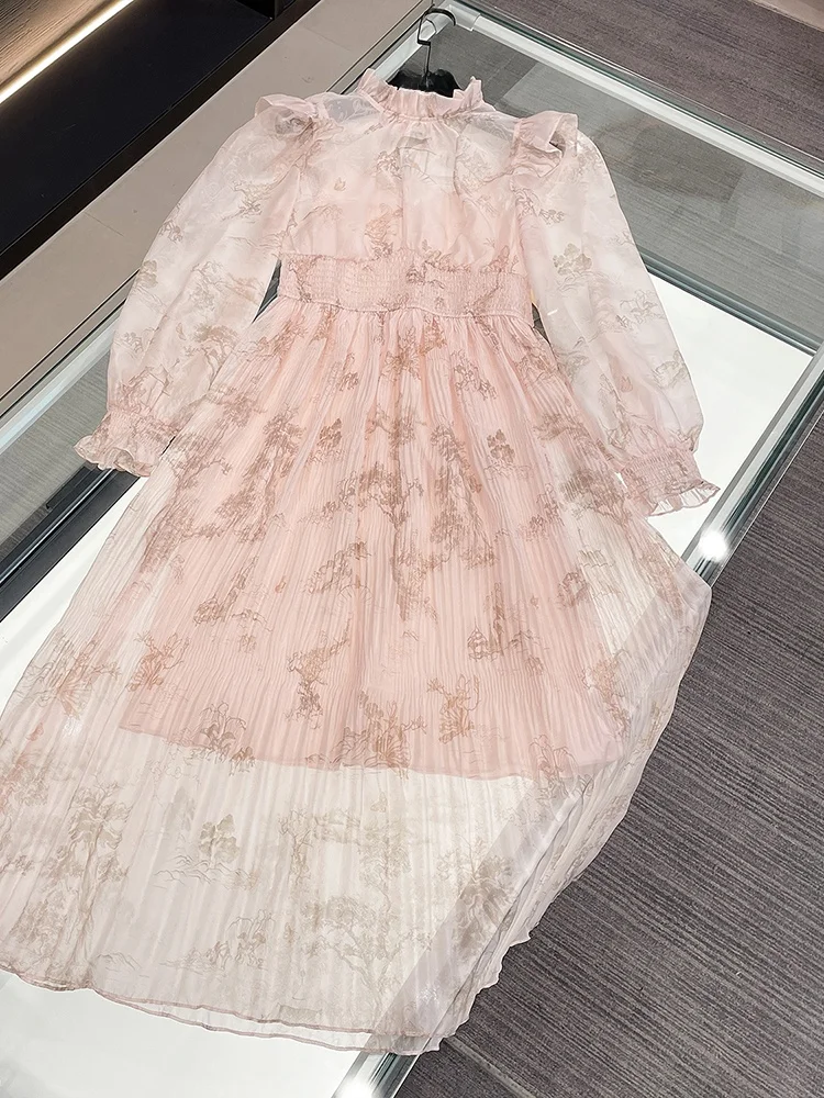 

High-End European Sle Floral Print Dr Women's Ele Ladylike Design Splice Lace Hem A-Line Skirt Long Sve ort Dr