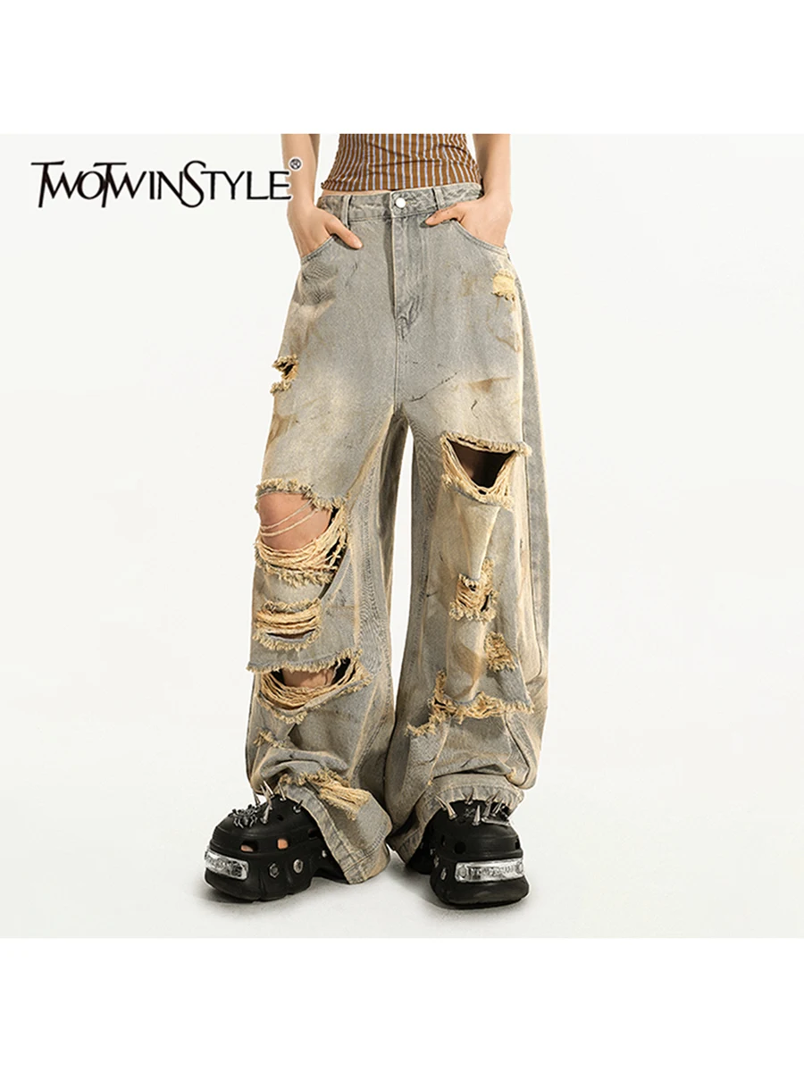 

TWOTWINSTYLE Solid Loose Chic Streetwear Pants For Women High Waist Hollow Out Temperament Wide Leg Pant Female Fashion Style