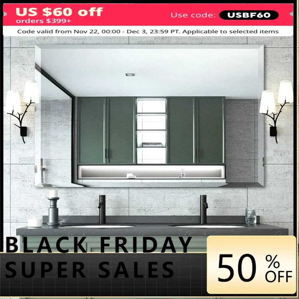 

Bathroom Mirrors 48" x 30", Frameless Rectangle Bathroom Mirror with Beveled Edge, Hangs Horizontally or Vertically