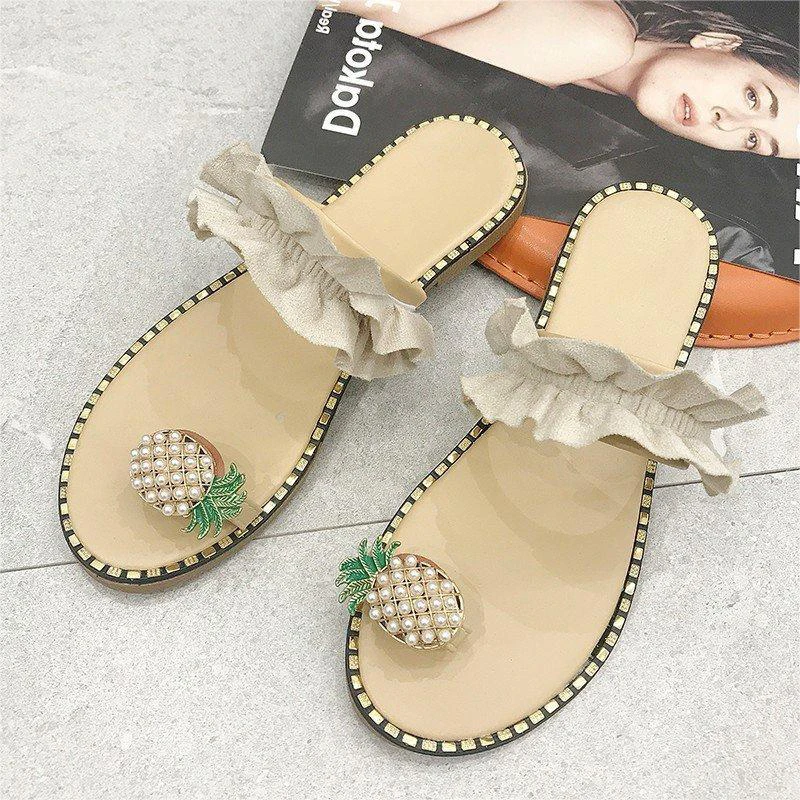 2024 Summer Casual Large Size Toggle Toe Pineapple Buckle Decorated Rose Pattern Flower Green Fruit Cool Flat Slippers