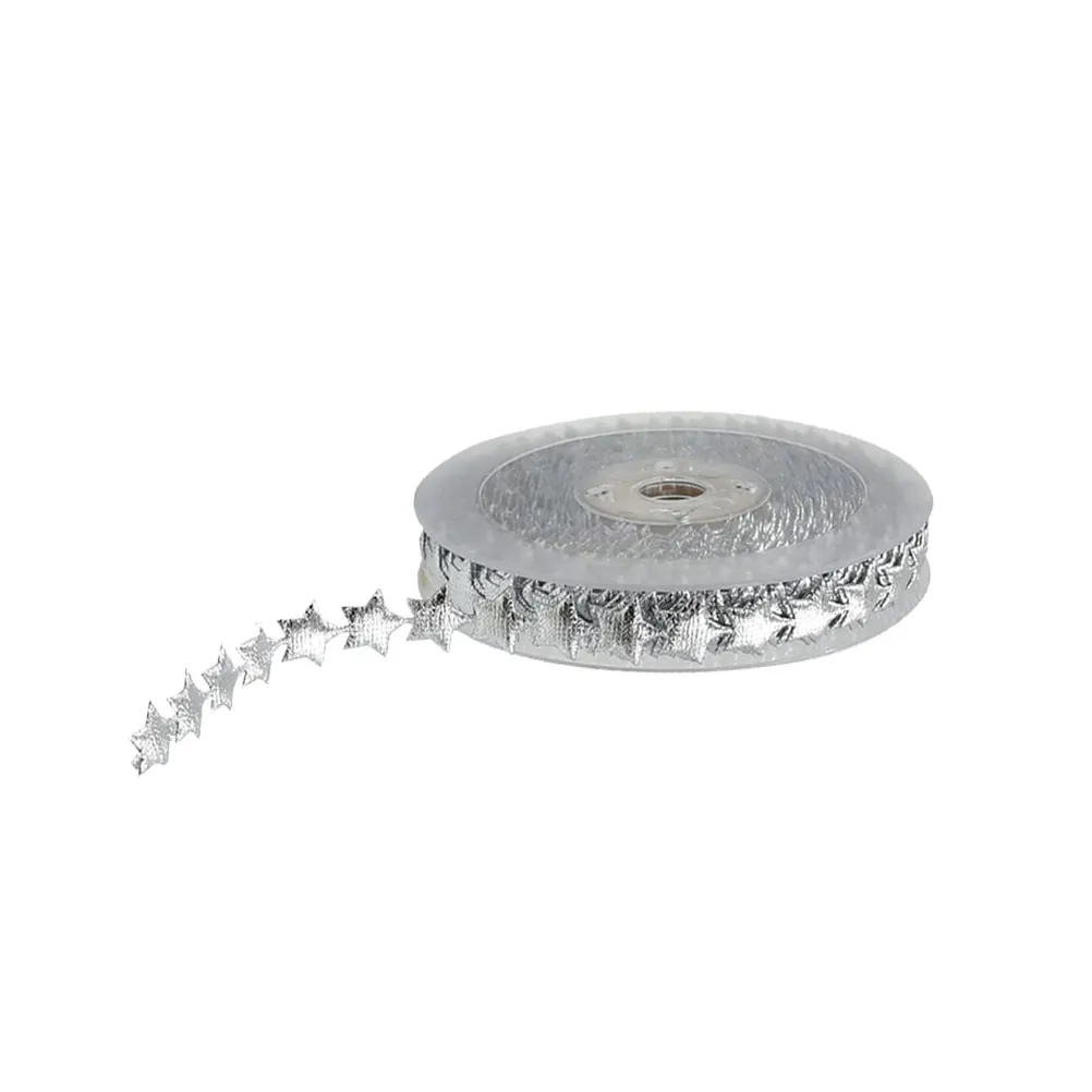

1 Roll 15M Christmas Decoration Ribbon Silver Pentagram Bead Design Gift Wrapping Craft Decor Strip For Holiday Party Wedding