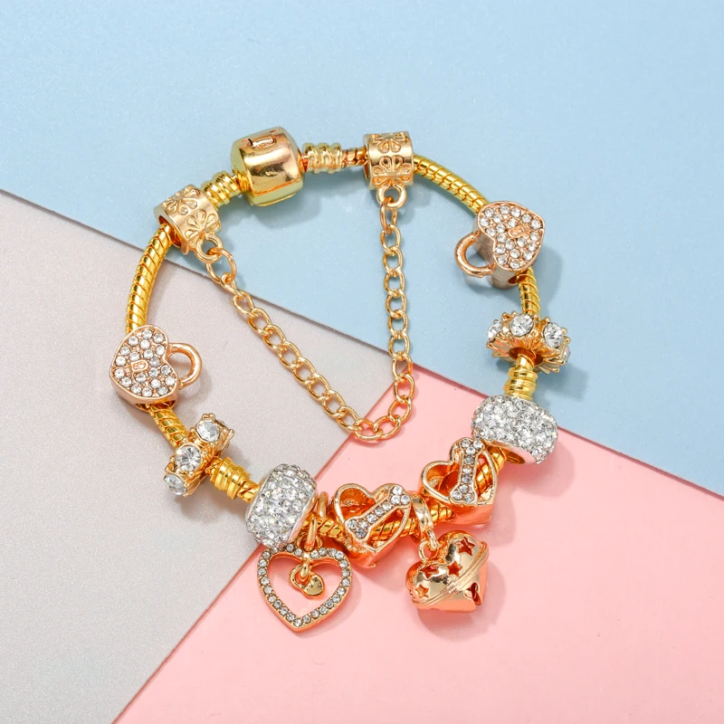 Valentine's Day Charm Bracelet For Women With Gold Color Snake Chain Heart-Shaped DIY Charms Beads Pendants High-Quality Jewelry