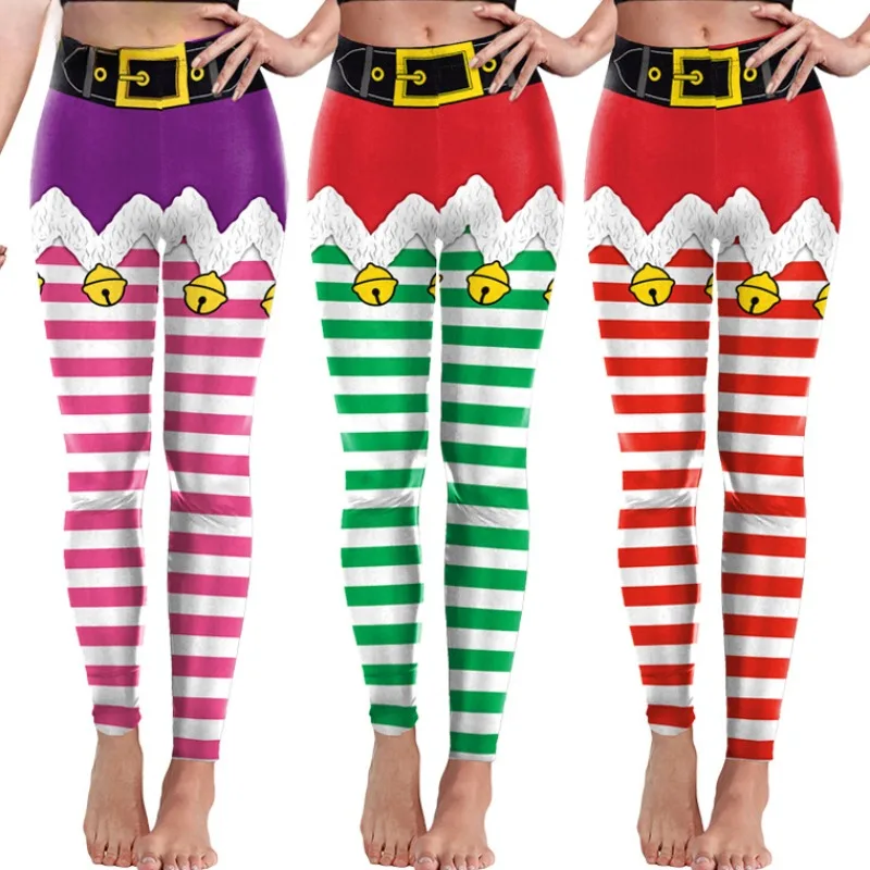 Cosplay Women Christmas Belt Printed Leggings High Waist Skinny Legging Holiday Party Ladies Elastic Stretch Trousers Costumes