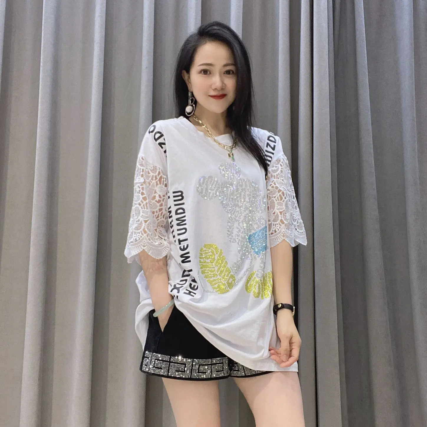 Fashion Lace Sleeve T Shirt for Women Summer Clothing Casual Cartoon Pattern Diamonds Loose O Neck Female Tops Tee топ женский