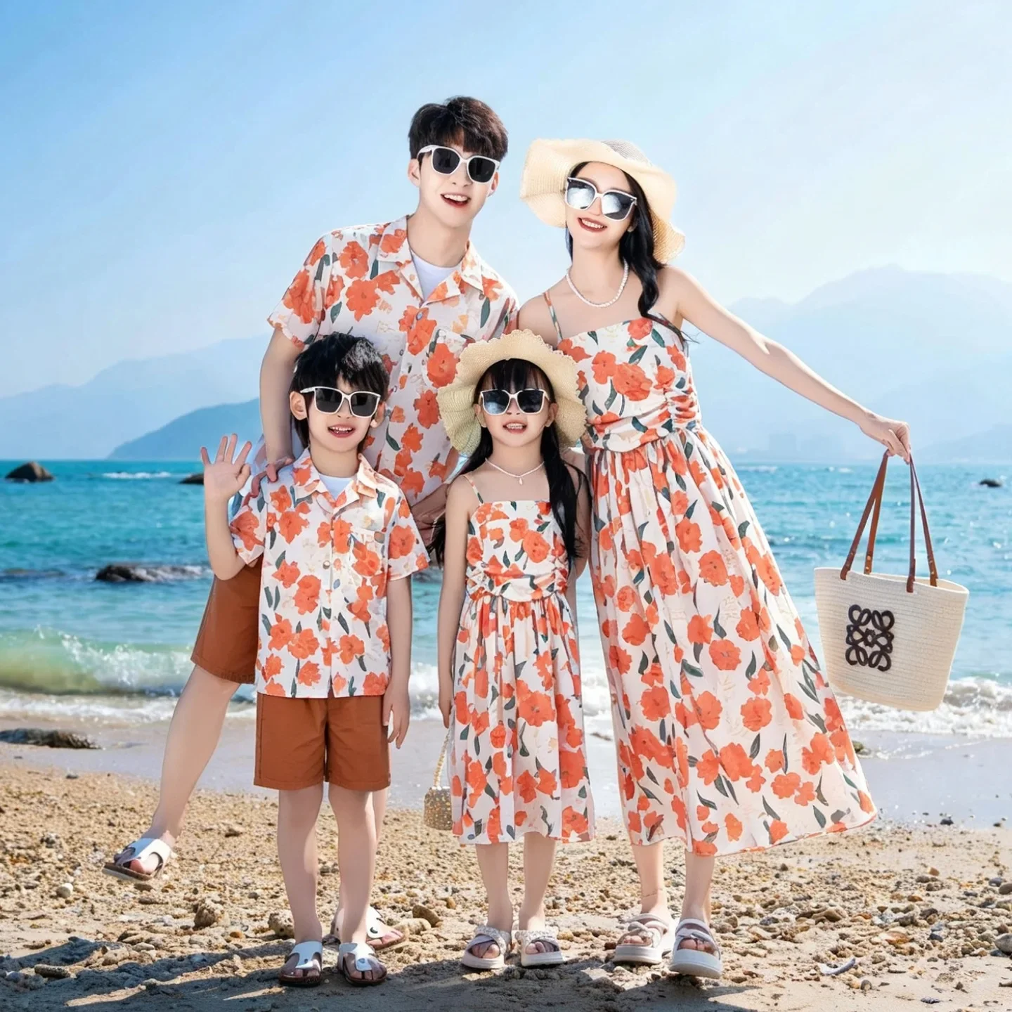 Vacation Family Matching Outfit Dad Son Floral Shirt Shorts Mom Daughter Strap Dress Couple Beach Resort Parent Child Clothes