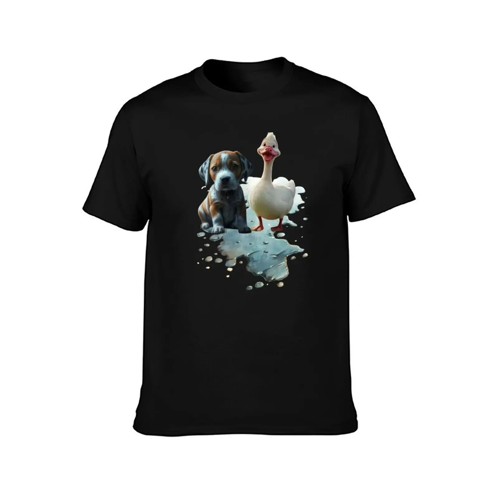 A sad dog and a cheerful duckling in a puddle of water T-Shirt, Summer Casual Cotton Tee, Oversized Streetwear Tops, 100% Cotton