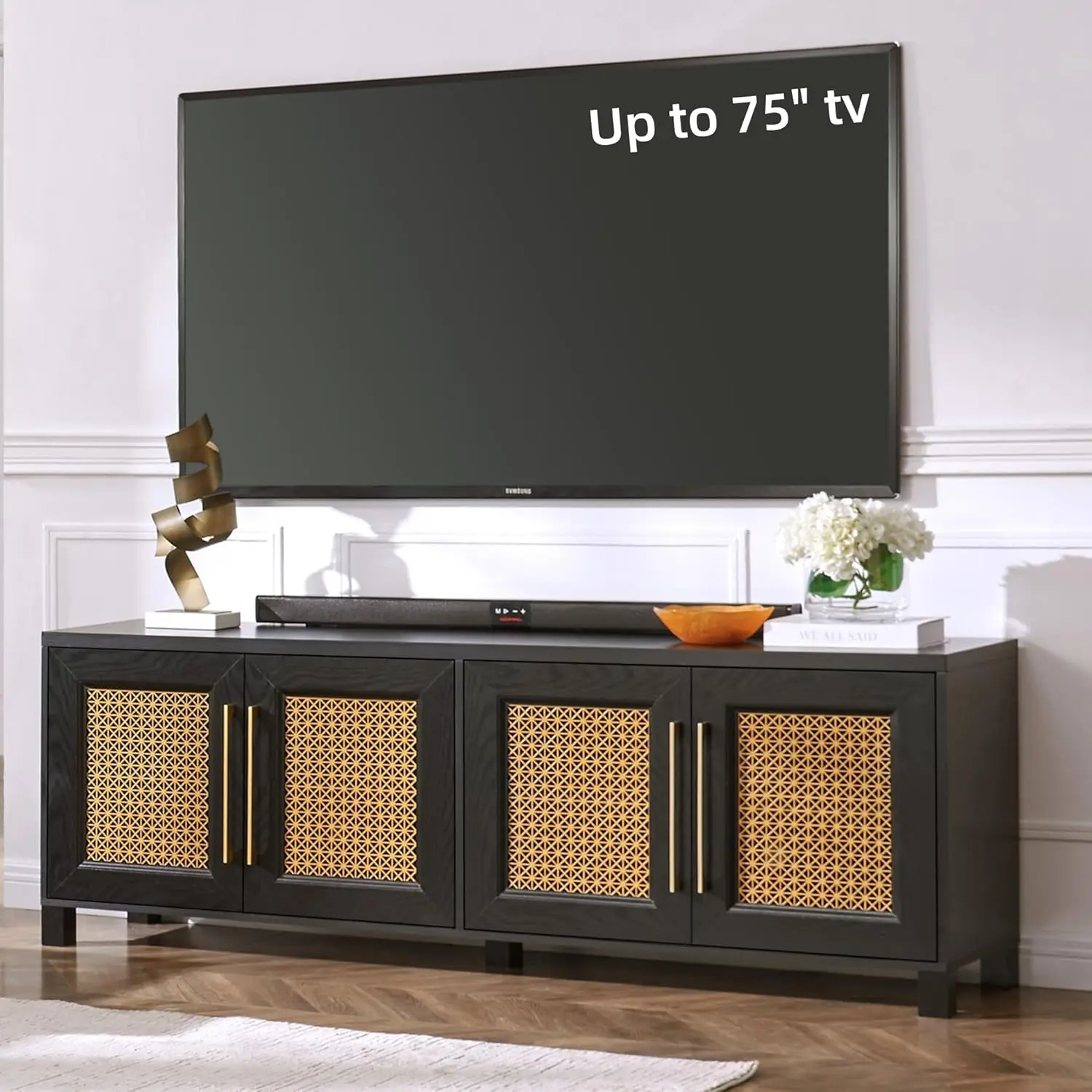 

Mid Century TV Stand with Hollow Metal Mesh Decorated for TVs up to 75", Boho Black Console with Storage Cabinets, Cable Holes