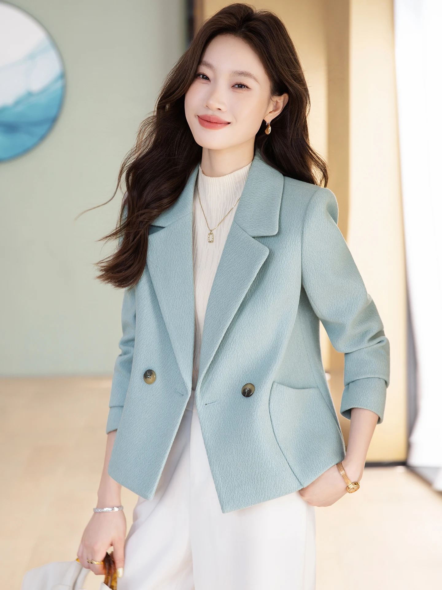 

Женский шерстяной пиджак укороченный повседневный универсальный весенне-осенний новый стиль для офиса ветрозащитный с пуговицами и карманами