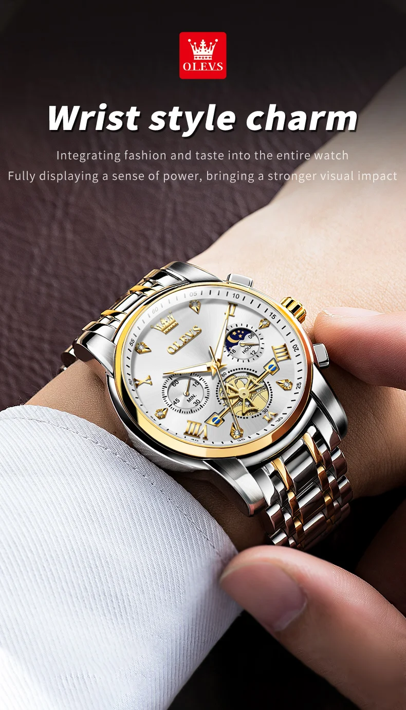 OLEVS 2856 Quartz Watch for Men Flywheel Skeleton Chronograph Moon Phase Multifunctional Stainless Steel Men's Wristwatches