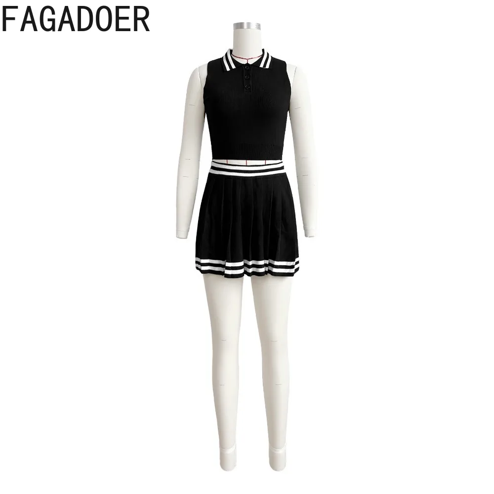 FAGADOER Summer New Splicing High Quality Knitting Two Piece Sets Women O Neck Sleeveless Crop Top + Pleated Mini Skirts Outfits