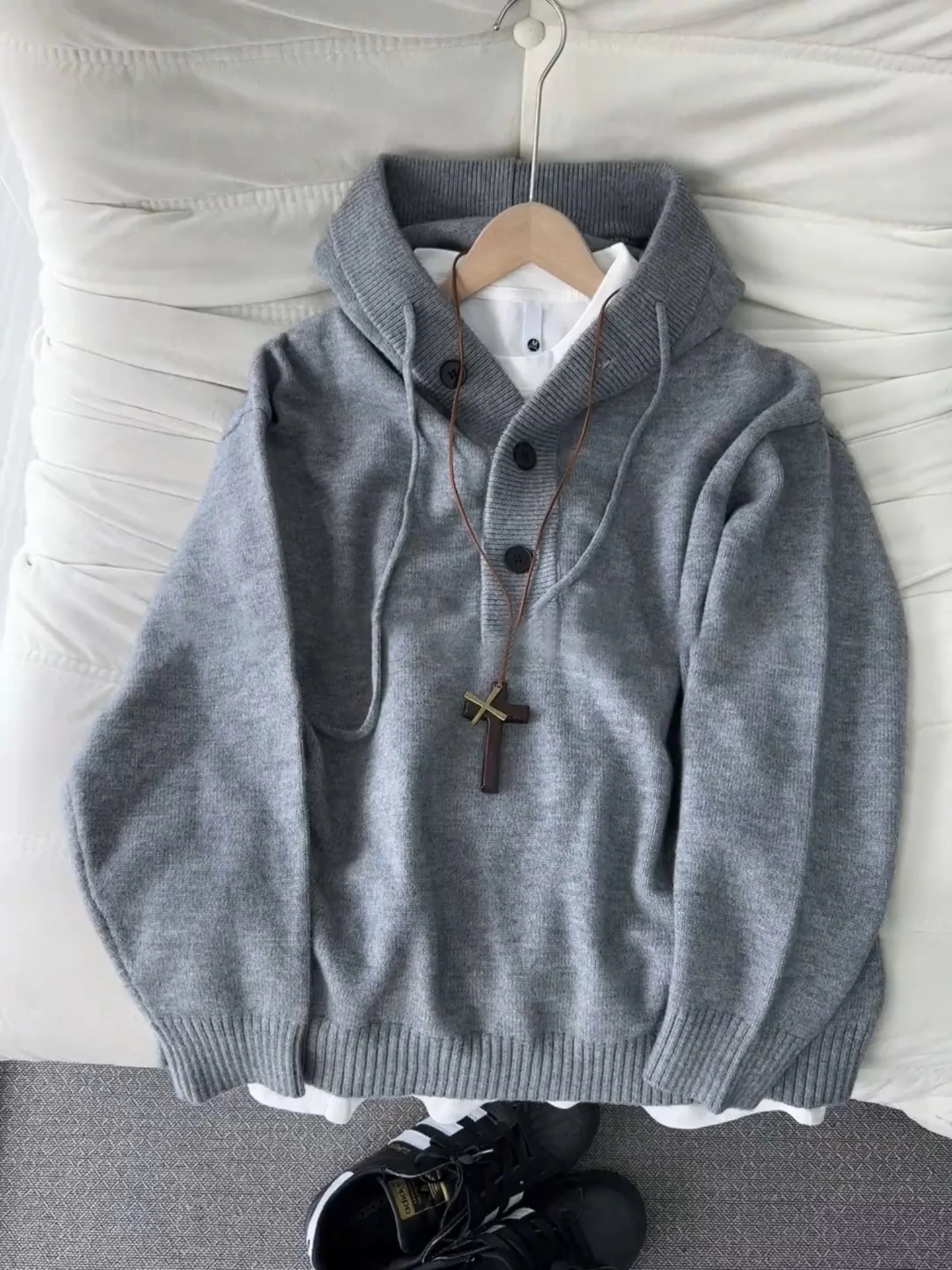 

Light ey Hooded Henry Collar Knitted Sweater Men's Autumn Winter Lazy Sle Layering Design Korean Sle Top