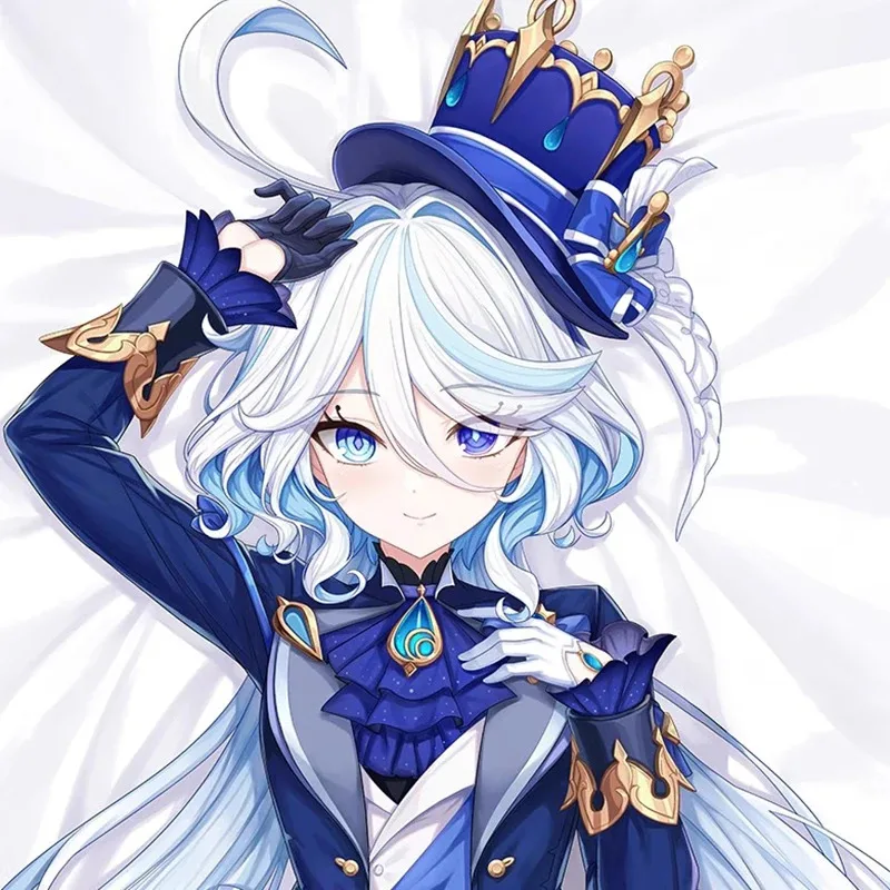 Genshin Impact Furina Cosplay Hug Body Pillow Case 2-Side Peachskin Hugging Pillow Case Focalors Long Body Pillow Cover