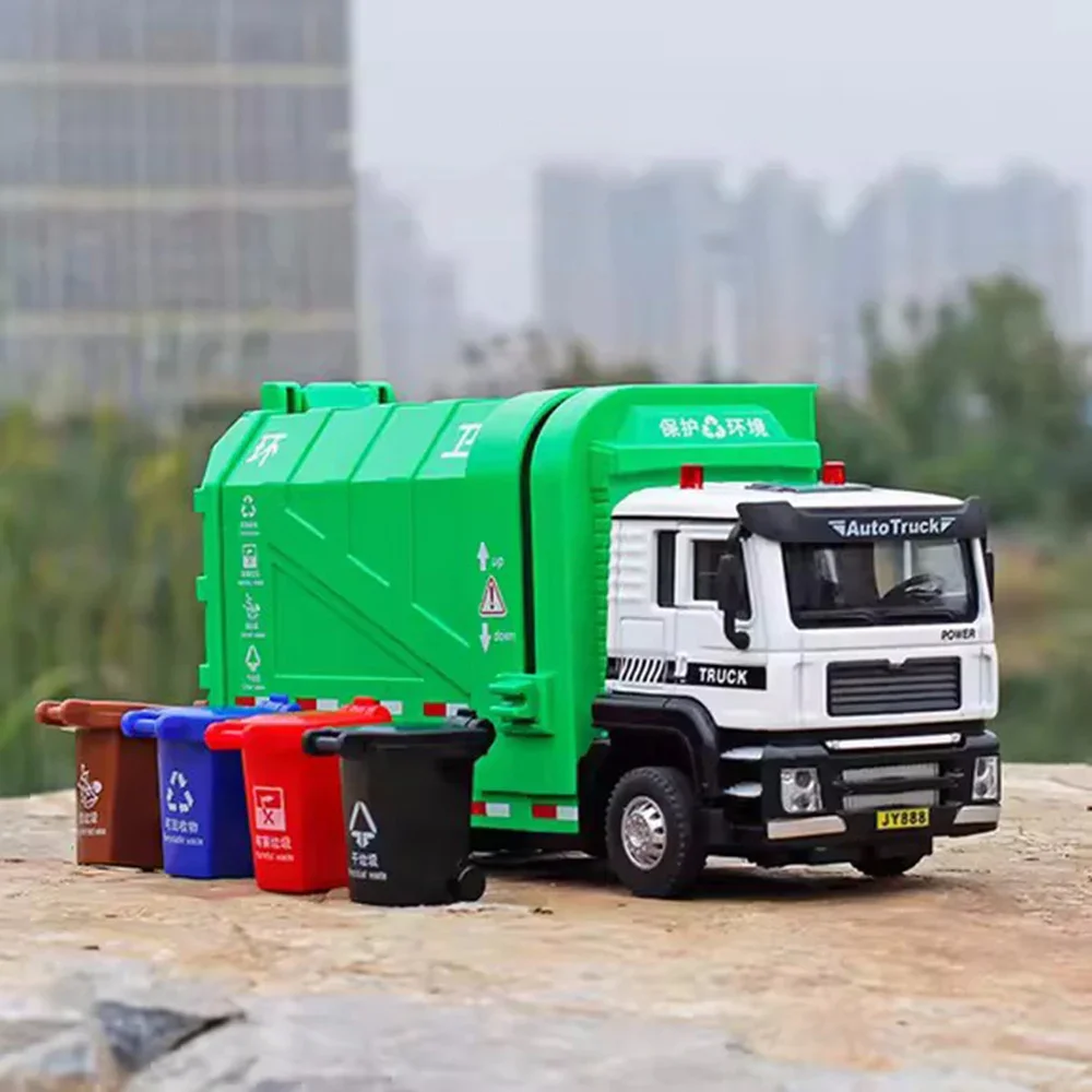 

1/50 Sanitation Garbage Truck Alloy Models Cars Toys Light Sound Sprinkler Trucks Wheel Pull Back Vehicle for Boys Birthday Gift