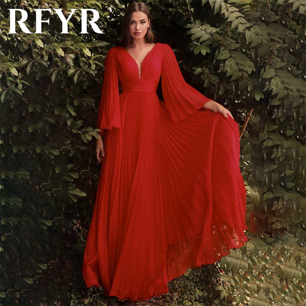 

RFYR Red Prom Dresses Long Sleeves V Neck Beach Pleat Vestidos Chiffon Regular Sleeve Ruched Evening Dress for Women Customized