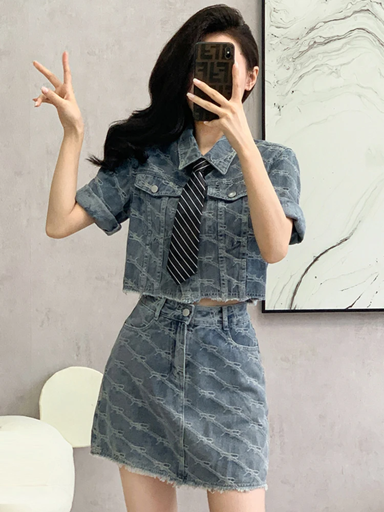 Streetwear Jacquard Vintage Denim Crop Tops + Mini Skirt 2 piece Sets Summer Short Sleeve Short Jeans Skirt Two Piece Suits