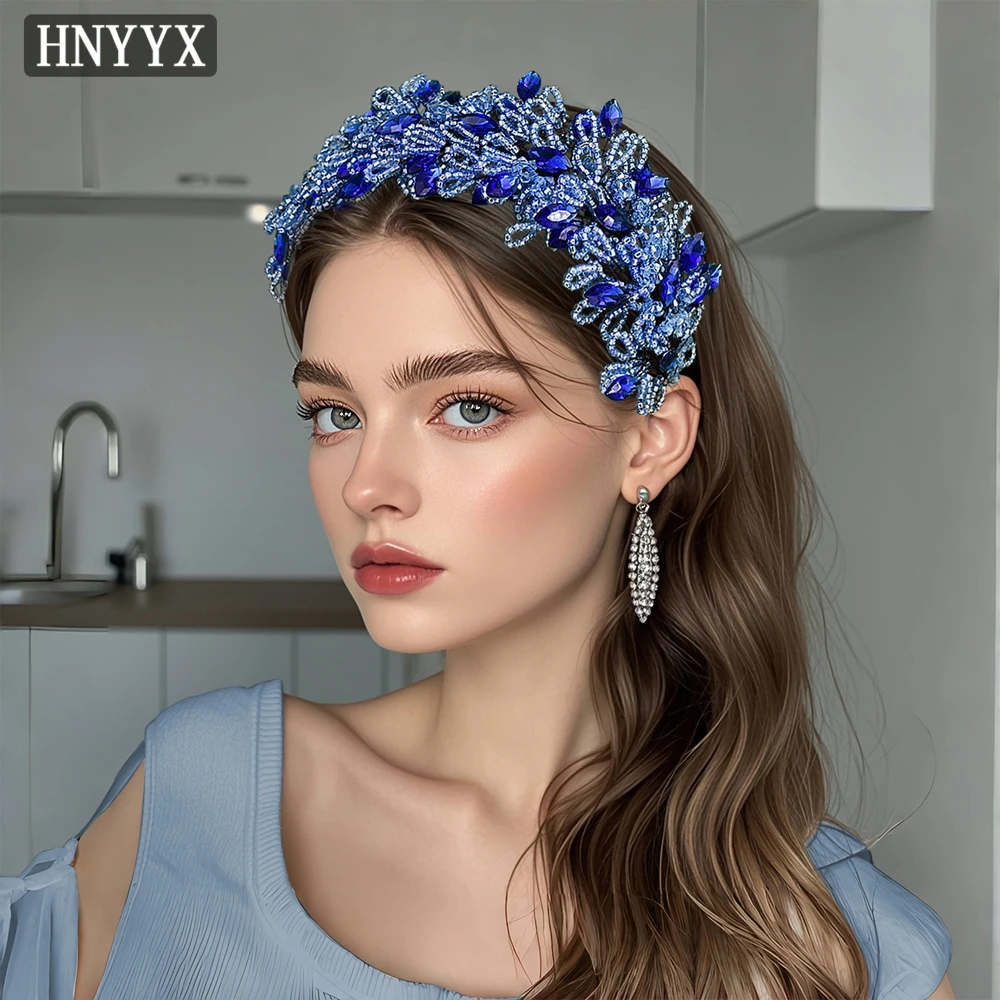 HNYYX bando manik-manik berlian imitasi untuk wanita, ikat kepala buatan tangan Vintage kristal untuk pesta liburan aksesoris rambut A165 biru