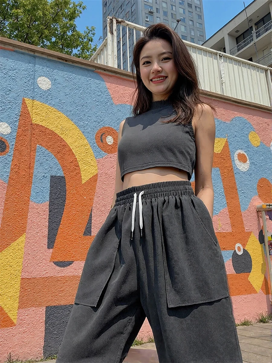 Pantalones cortos de pierna ancha para parejas, pantalones cortos holgados de cintura alta con bolsillos grandes, ropa informal vaquera a la moda, azul, verano