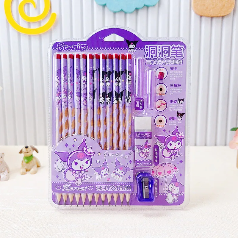 12-piece set Kuromi  Pencil Hole Pencil Triangle Pen Stationery Set Pen Holder Correction Grip  Elementary School Gifts