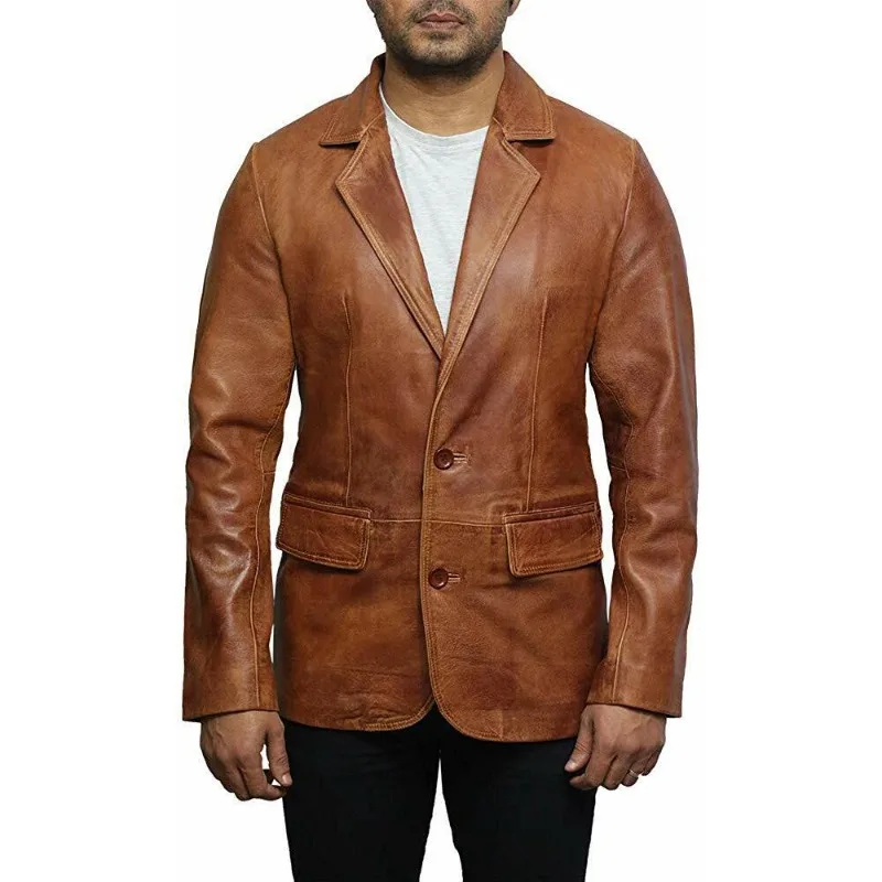 

Men's Genuine Lambskin Pure Real Leather Blazer Coat TWO BUTTON Dark Tan Jacket