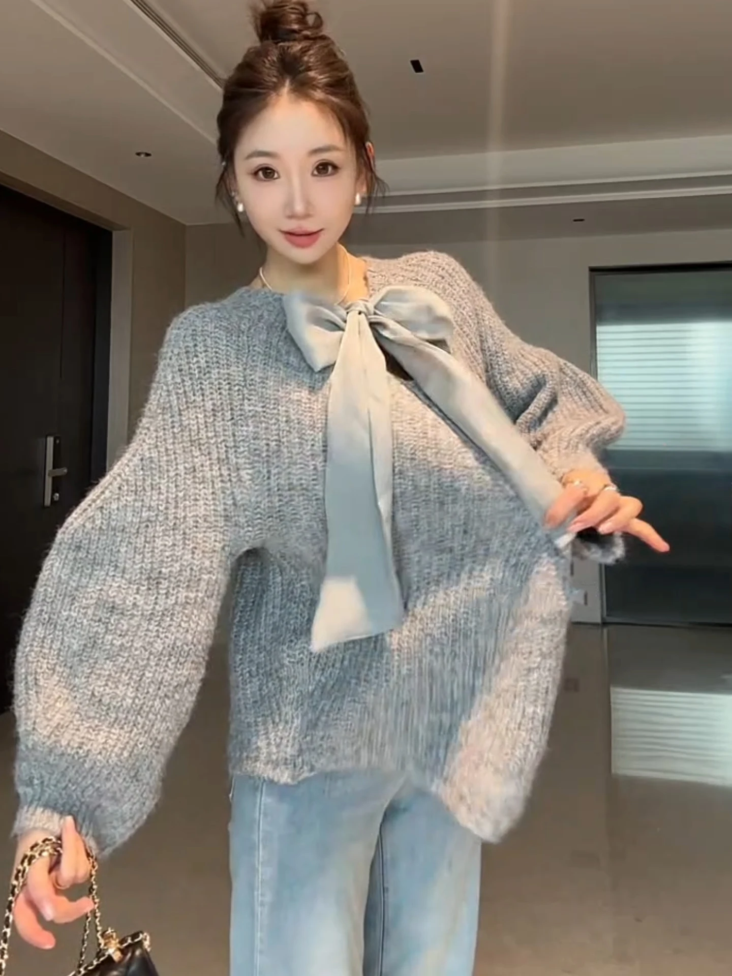 ey لينة مكتنزة متماسكة عقدة سترة المرأة الخريف الشتاء كسول فانوس Sve قمة دافئة مريحة فضفاضة تناسب الجولة Ne #2