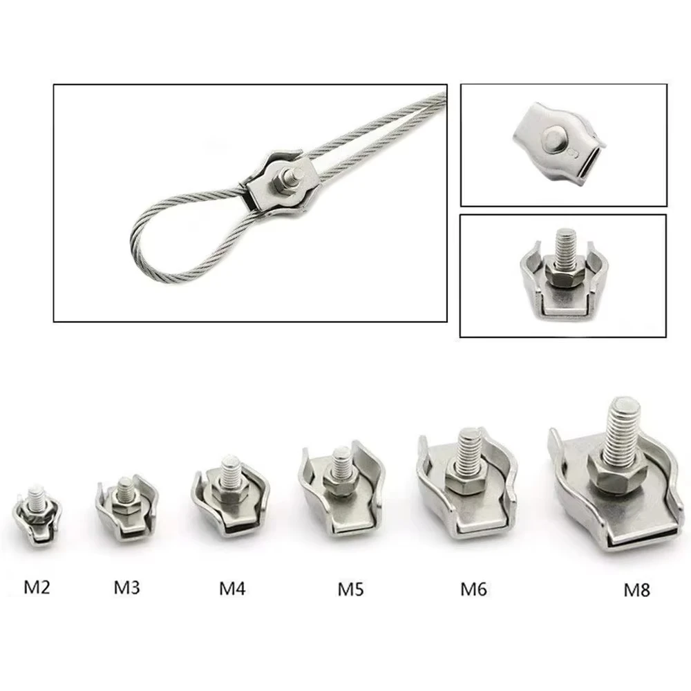 Picture 3: 5/10PCS 304 stainless steel wire rope clamp, M2/3/4/5/6/8 steel cable clamp, DIY fixed steel cable/adjustable suspension fixture