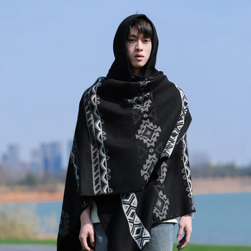 Ethnic style hooded men's shawl travel split cape warm outdoor large cloak