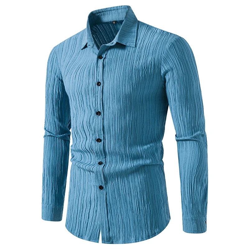 Wave Striped Pattern Shirts for Men 2025 Brand Long Sleeve Cotton and Linen Dress Shirts Business Daily Casual Shirt Male