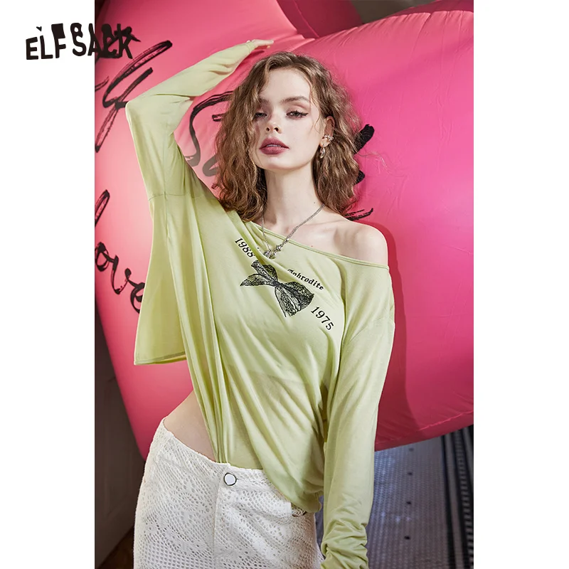 ELFSACK 2024 Summer New Imitation Tencel Cool Bow Pattern Lazy Open Back T-shirt for women